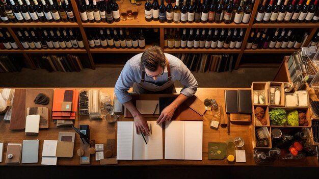 un uomo sta dipingendo una bottiglia di vino in un negozio