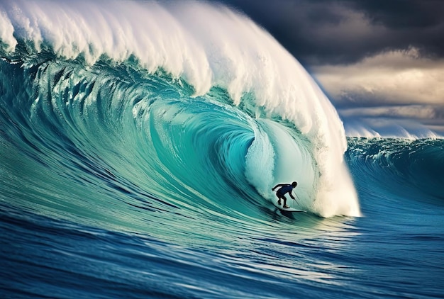 un uomo sta facendo surf in cima a un'onda nello stile di panorami impressionanti