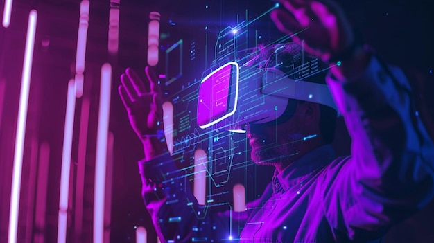 un uomo sta giocando a un videogioco con un cartello al neon che dice " mani in alto "