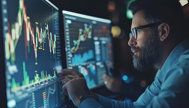 Un uomo sta guardando due monitor di computer con grafici su di loro