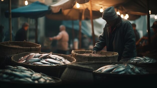 Un uomo sta in un mercato con ceste di pesce e ceste di pesce.