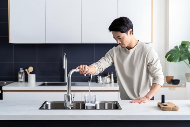 Un uomo sta lavando un lavello in una cucina.