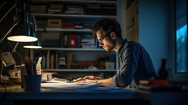 un uomo sta lavorando al computer con un libro sul tavolo.