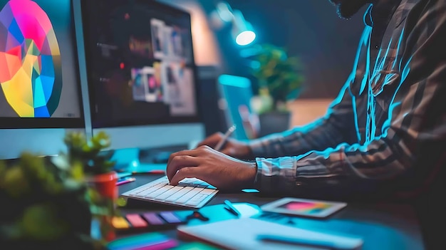 Un uomo sta lavorando al computer in una stanza scarsamente illuminata. È circondato da piante e ha un tablet sulla sua scrivania.