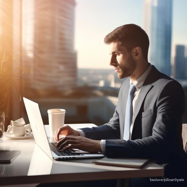 un uomo sta lavorando al suo laptop davanti a una finestra con una tazza di caffè