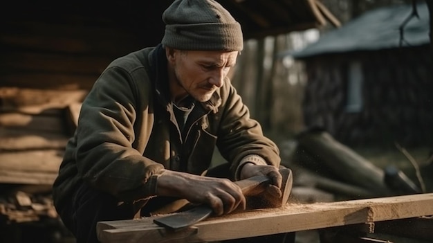 Un uomo sta lavorando con un pezzo di legno.