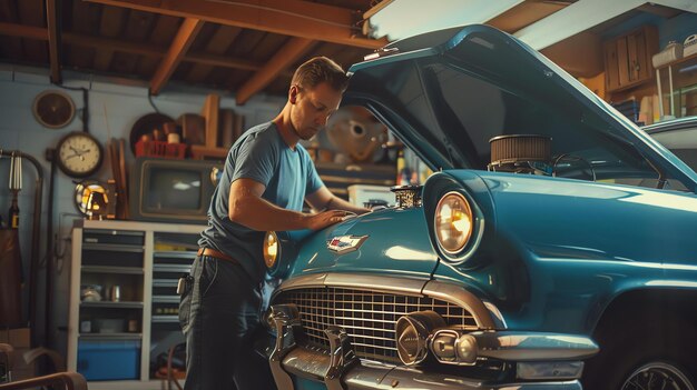 Un uomo sta lavorando su un'auto classica nel suo garage indossa una maglietta blu e jeans L'auto è di colore blu chiaro ed è degli anni '50