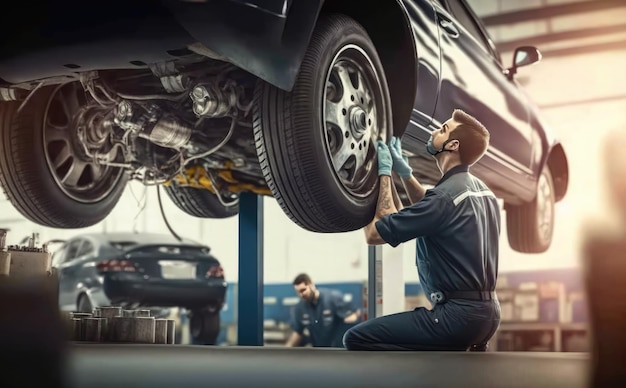 Un uomo sta lavorando su un'auto con una gomma sul fondo.