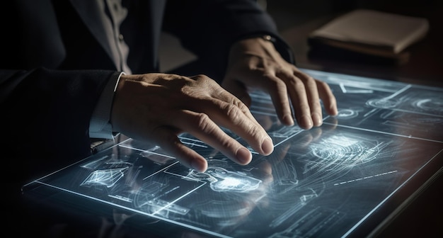 Un uomo sta lavorando su un computer con un piano di vetro che dice "intelligente".