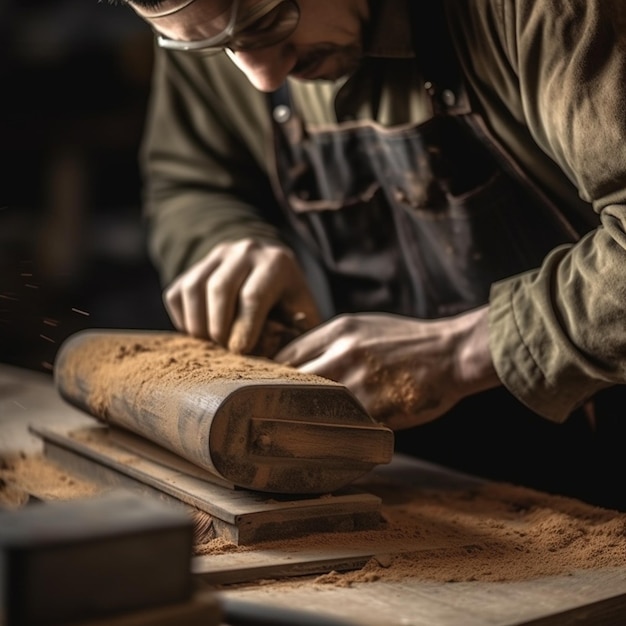 Un uomo sta lavorando su un legno con uno strumento di legno.