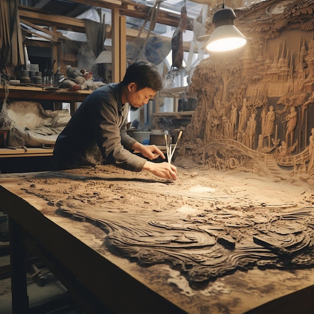 un uomo sta lavorando su un pezzo di ceramica con un grande oggetto nero al centro.