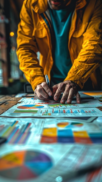 un uomo sta lavorando su una carta con il grafico grafico su di esso