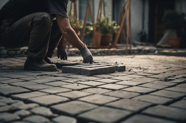 Un uomo sta lavorando su una pavimentazione in mattoni.