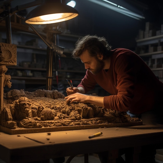 un uomo sta lavorando su una scultura realizzata da un uomo.