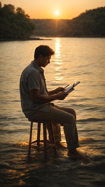 un uomo sta leggendo sulla spiaggia al tramonto ai creato