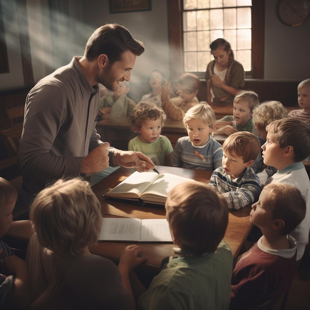 un uomo sta leggendo un libro a un gruppo di bambini.