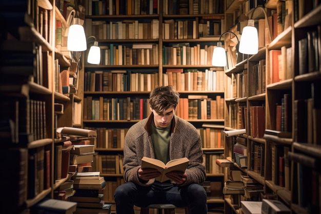 Un uomo sta leggendo un libro in una biblioteca con molti libri