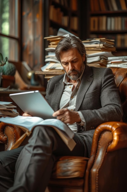 Un uomo sta leggendo un libro in una biblioteca