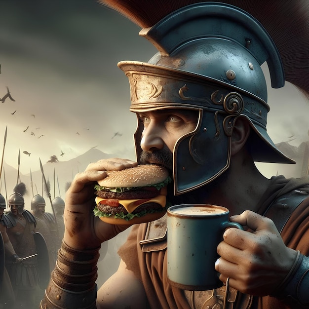 un uomo sta mangiando un hamburger con un casco sopra