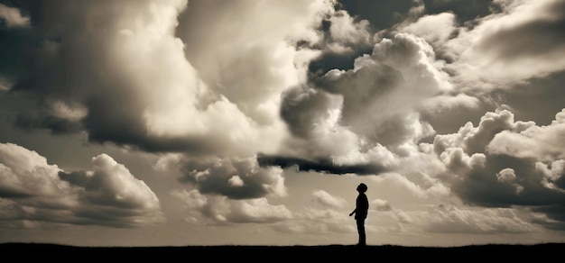 Un uomo sta nel cielo guardando il cielo con le nuvole sullo sfondo.