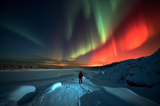 Un uomo sta nella neve guardando l'aurora boreale.