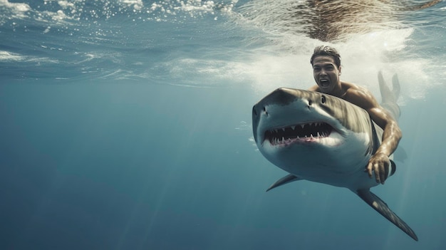 Un uomo sta nuotando con uno squalo nell'oceano