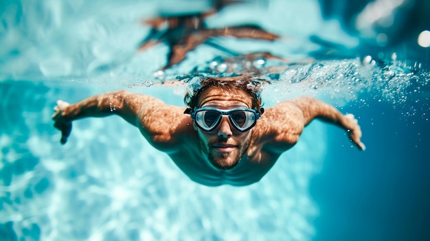 Un uomo sta nuotando in una piscina indossando occhiali da sole