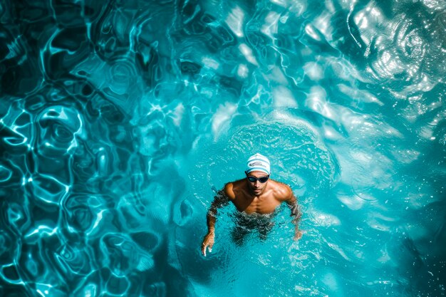Un uomo sta nuotando in una piscina indossando un berretto da bagno