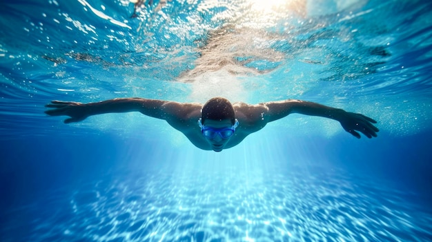 Un uomo sta nuotando in una piscina.