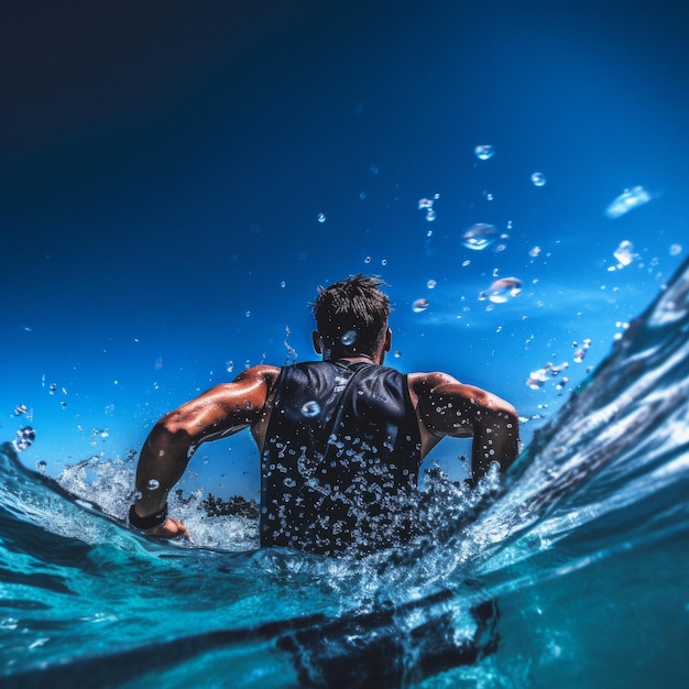 Un uomo sta nuotando nell'acqua con la parola oceano sul retro.