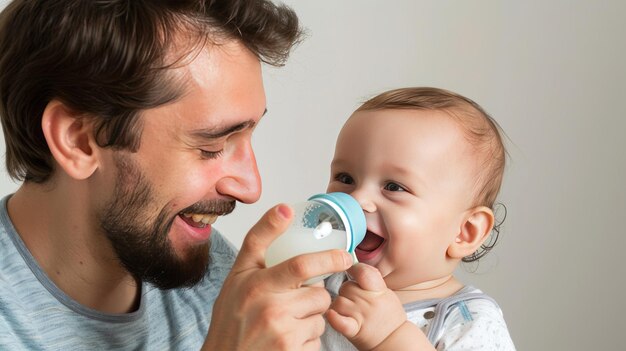 Un uomo sta nutrendo un bambino con una bottiglia