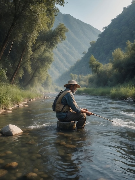 Un uomo sta pescando nel fiume con un varshi