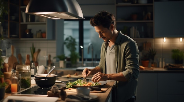 un uomo sta preparando la cena nella sua cucina