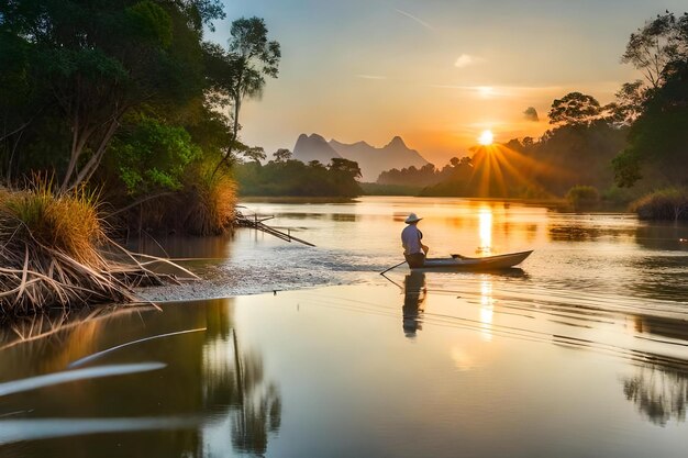 Un uomo sta remando una canoa su un fiume nella giungla.