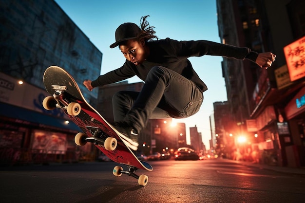 Un uomo sta saltando con uno skateboard in aria.