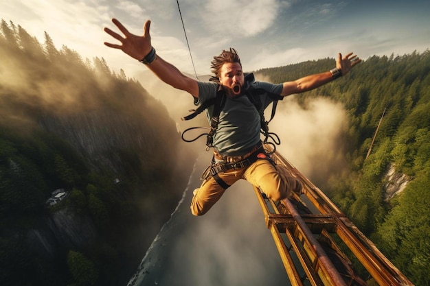 un uomo sta saltando sopra una cascata e indossa una maglietta con sopra la scritta "t-shirt".