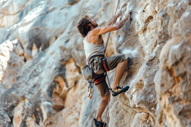 un uomo sta scalando una parete rocciosa con uno zaino sulla schiena