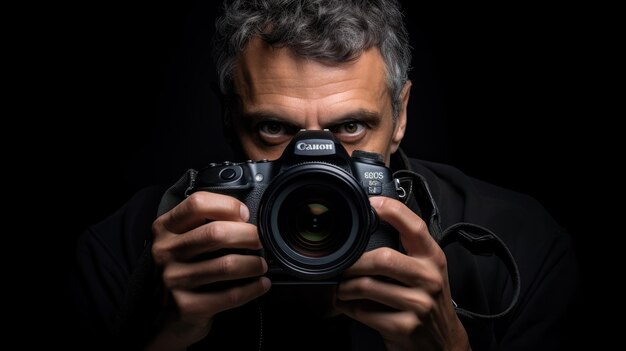 Un uomo sta scattando una foto con una telecamera che dice "fotografia".