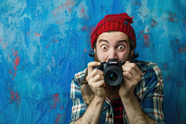 un uomo sta scattando una foto con una telecamera