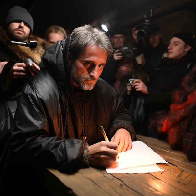 Un uomo sta scrivendo su un pezzo di carta con dentro un uomo che scrive.