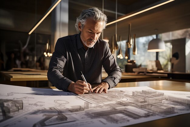 un uomo sta scrivendo su un pezzo di carta con un disegno di un edificio sullo sfondo