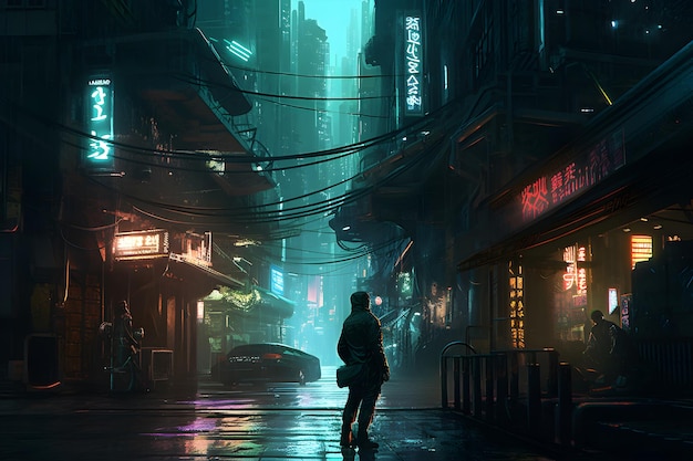 Un uomo sta sotto la pioggia in una città cyberpunk