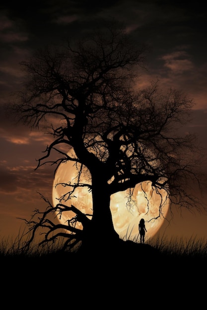 Un uomo sta sotto un albero con la luna dietro di lui.