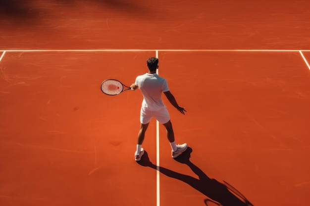 Un uomo sta su un campo da tennis con in mano una racchetta pronta per giocare Giovane uomo impegnato nel servizio di tennis durante una partita Generato dall'intelligenza artificiale