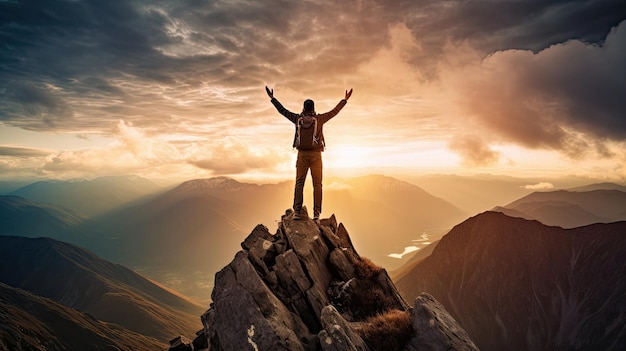un uomo sta sulla cima di una montagna con le braccia alzate sopra la testa.