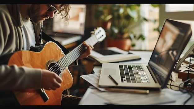 Un uomo sta suonando la chitarra mentre guarda il portatile è seduto in una stanza con una grande finestra ci sono piante sul davanzale della finestra