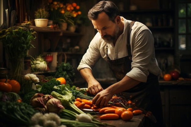 Un uomo sta tagliando le verdure in cucina