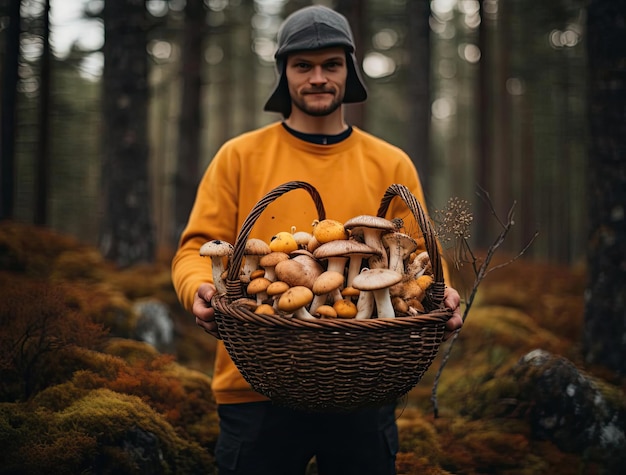 un uomo sta tenendo un cesto pieno di funghi in cima a una foresta nello stile della natura norvegese