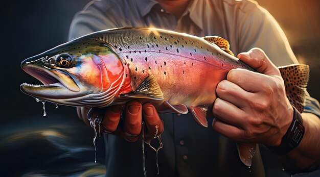 un uomo sta tenendo una grande trota arcobaleno sulle rive del fiume s