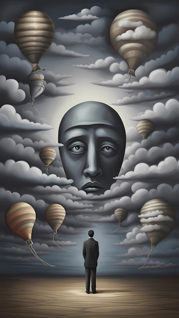 un uomo sta tra le nuvole con la testa nel cielo